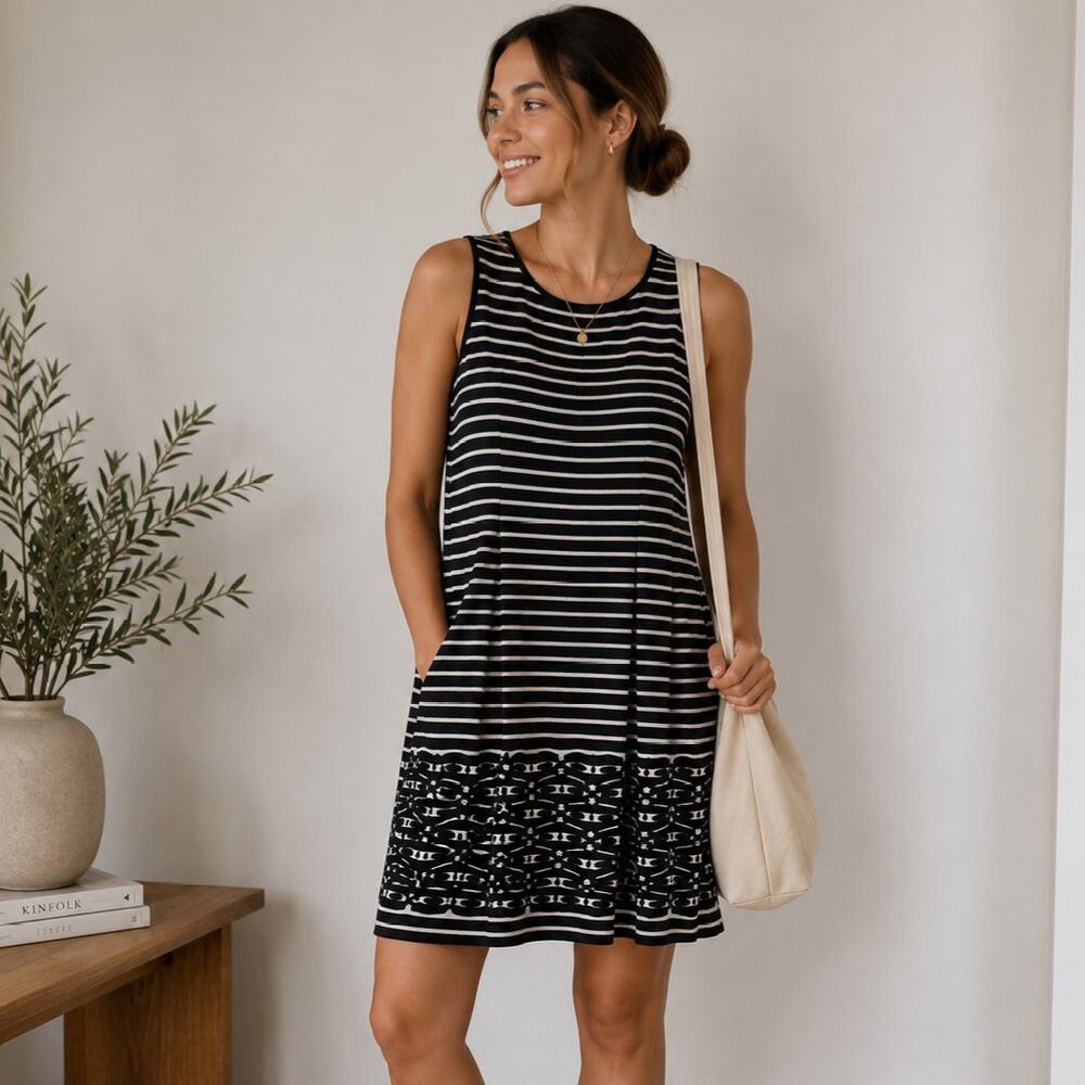 Max Studio Black and White Striped Sleeveless Mini Dress
